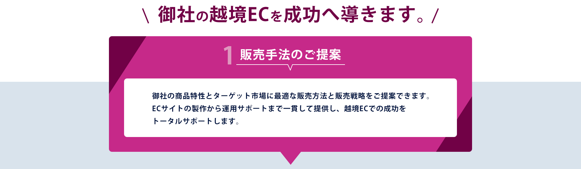 御社の越境ECを成功へ導きます。販売手法のご提案 貴社の商品特性とターゲット市場に最適な販売方法と販売戦略をご提案できます。ECサイトの制作から運用サポートまで一貫して提供し、越境ECでの成功をトータルサポートします。